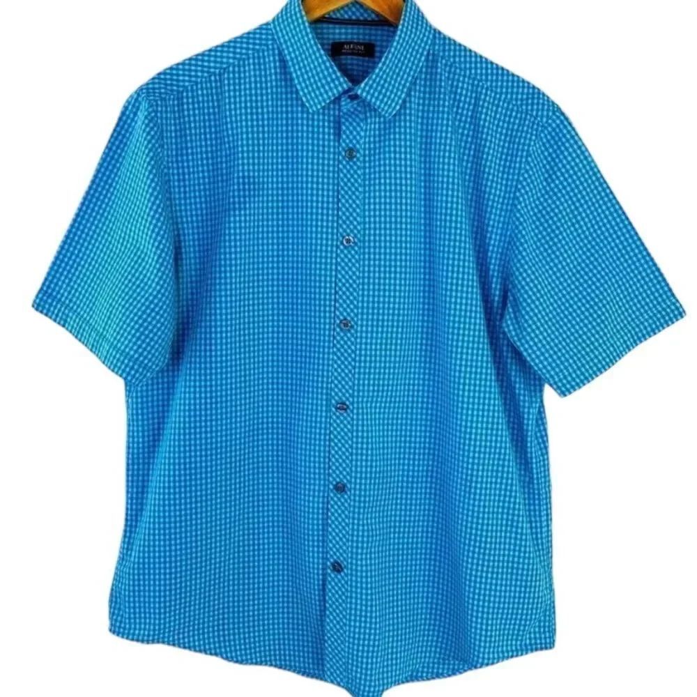 Alfani blue check short sleeve button up shirt lg